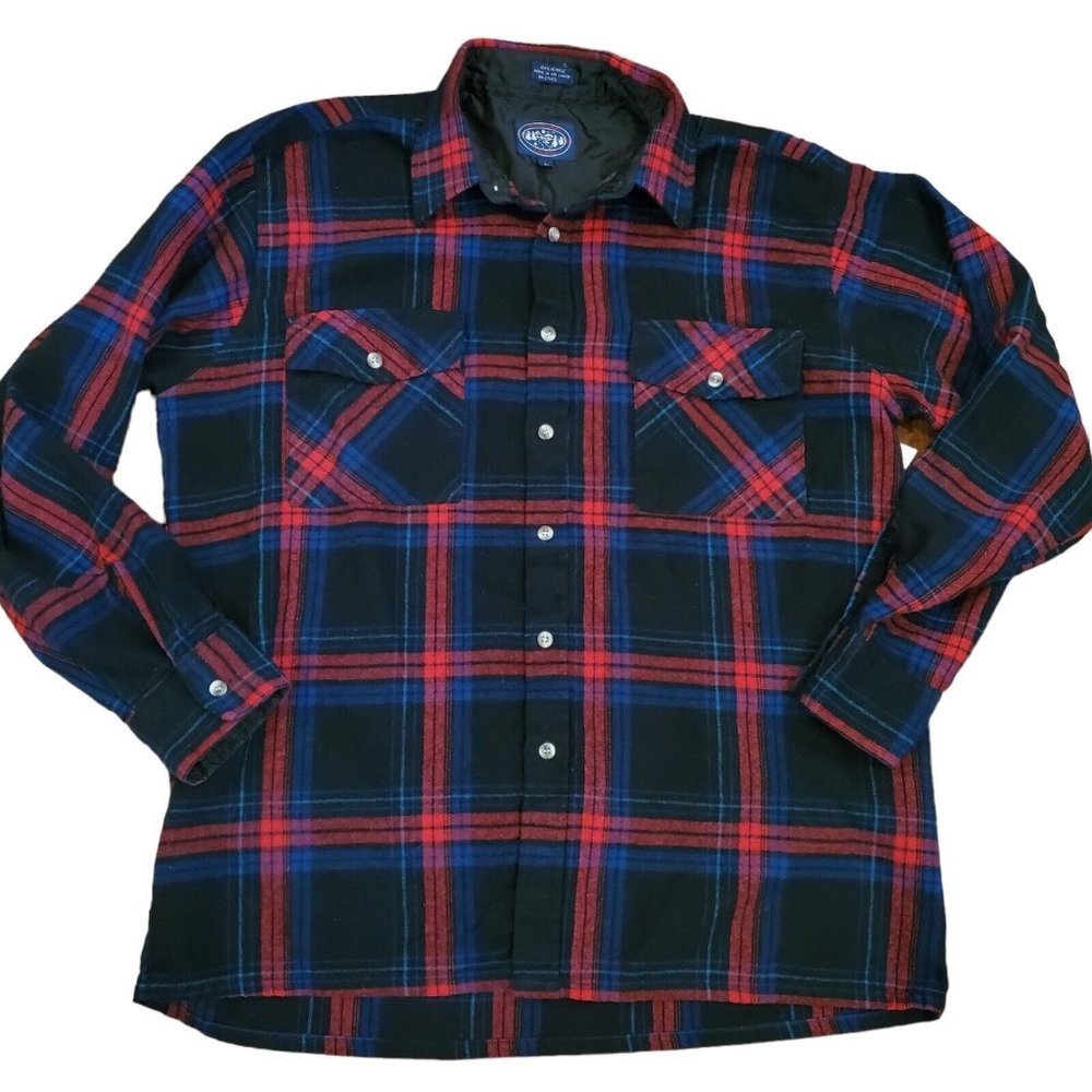 Vintage 90s Mens Black Plaid Flannel Shaket Shirt Jacket Button Up Pockets Sz L